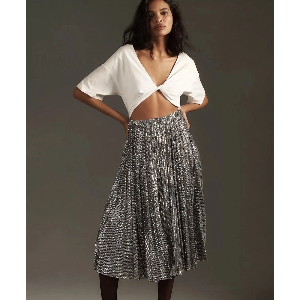 DELFI COLLECTIVE Anthropologie Womens White Top Black Sequin Midi‎ Dress Small